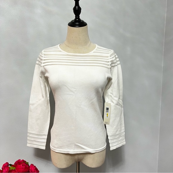 Eliza J Ivory Mesh Insert 3/4 Sleeves Knit Top- New With Tag - Size Medium - Picture 6 of 14